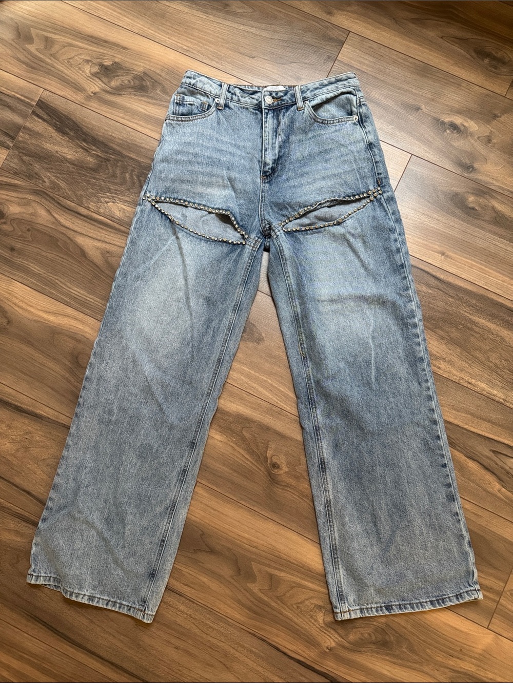 Forever 21 Light Blue Wide Leg Jeans with Beaded Trim